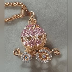 New Golden Pink Crystal Heart Windows Round Fairytale Carriage Pendant Necklace